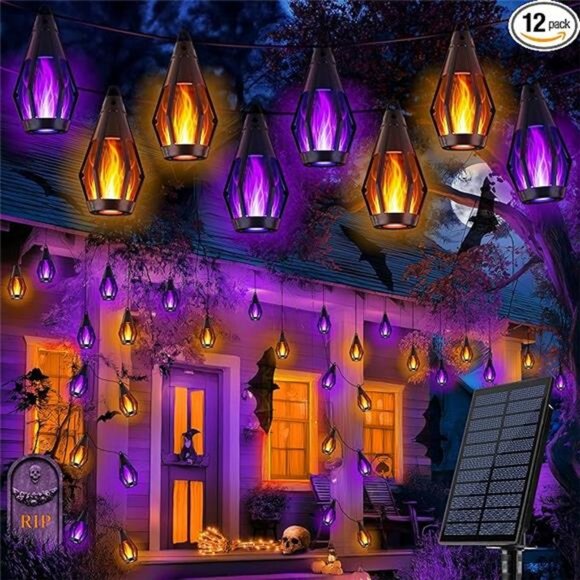 Solar Halloween Lights, 27Ft 10 LED Bulbs Flickering Flame String - Picture 7 of 7